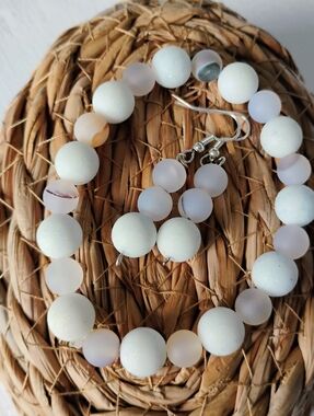 Handmade Frosted White & Pink Agate Bracelet Earring Set Matte Stone Jewelry NEW